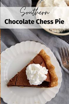 a piece of chocolate cheese pie on a plate with whipped cream in the middle and another slice sitting next to it