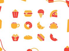 an image of food icons set in orange and yellow colors on a white background, including hot dogs, hamburgers, french fries, ketchup