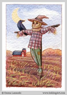 a drawing of a scarecrow with a crow on his arm