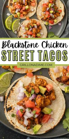 black stone chicken street tacos on a plate with limes and cilantro