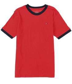 From Tommy Hilfiger&#x2C; this shirt features:contrast neckline and cuffscrew neckshort sleevesembroidered logosolid bodycottonmachine wash; tumble dryImported. Classic Tommy Hilfiger T-shirt For Summer, Classic Tommy Hilfiger Summer T-shirt, Tommy Hilfiger Cotton T-shirt For Summer, Tommy Hilfiger Classic Summer T-shirt, Tommy Hilfiger Short Sleeve T-shirt For Summer, 3 Boys, Heritage Fashion, Ringer Tee, Dillard's