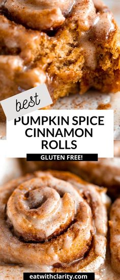 the best pumpkin spice cinnamon rolls with glaze on top and in the background, there is