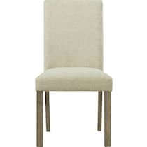 an upholstered white chair with wooden legs