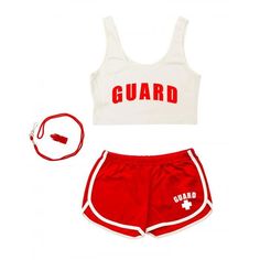 a white top and red shorts with the word guard on it, next to a headband