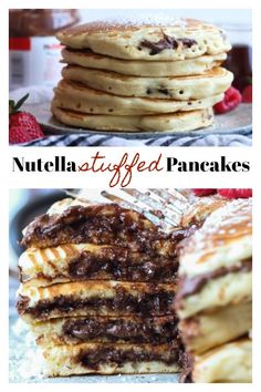 chocolate chip pancakes stacked on top of each other with the words nutella stuffed pancakes