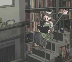 a woman sitting on top of a stair case next to a book shelf filled with books