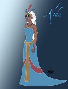 an animated woman in a blue dress with feathers on her head and the word'tida'written below it