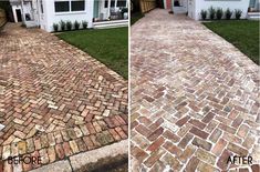 before and after photos of a brick walkway