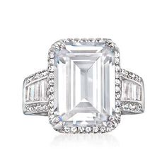 Ross-Simons - 9.10 ct. t.w. Cubic Zirconia Ring in Sterling Silver. Size 6. A dazzling design at a nice price, our statement-making ring boasts a 7.50 carat emerald-cut CZ with an additional 1.60 ct. t.w. CZ rounds and baguettes illuminating the halo and band. Set in sterling silver. 5/8" wide. CZ ring. CZ weights are diamond equivalents. Making Ring, Circle Pendant Necklace, Cz Jewelry, Cz Stud Earrings, Cubic Zirconia Rings, Cz Ring, Women's Jewelry, Jewelry Rings Engagement, Emerald Cut