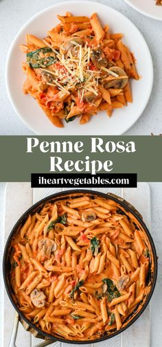 penne rosa recipe in a skillet with spinach and cheese