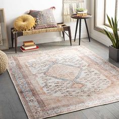 a living room area with a rug, chair and potted plant