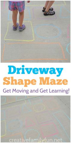 two children standing in front of a sidewalk with the words driveway shape maze on it