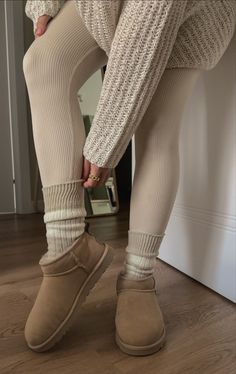 Beige Winter Leggings, Ugg Mini Beige, Beige Snug Casual Socks, Cozy Beige Winter Socks, Cozy Beige Knee-high Socks For Winter, Uggs Fit, Ultra Mini Uggs, Slipper Outfit, Ugg Outfits