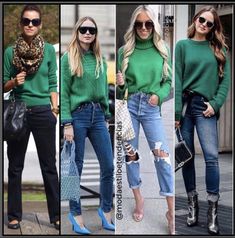 Jeans And Green Sweater Outfit, Green Sweater And Jeans Outfit, Casual Green Turtleneck For Fall, Chic Green Knit Top For Winter, Green Sweater Blue Jeans Outfit, Chicago Outfit, Fall Winter Outfits