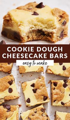 chocolate chip cookie dough cheesecake bars are cut into squares and stacked on top of each other