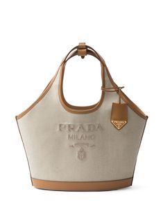 beige/brown linen-cotton blend logo print to the front leather trim logo tag two top handles main compartment internal zip-fastening pocket internal logo patch Leather Key Ring, Prada Tote Bag, Medium Tote Bag, Leather Keyring, Celine Bags, Medium Tote, Leather Key, Designer Style, Color Ivory