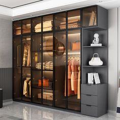 a walk in closet filled with lots of clothes and bags next to a wall mounted shelf