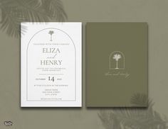 two wedding cards with palm trees on the front and back, one is green and white