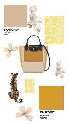 the pantone color scheme is yellow, brown and white with an animal figurine