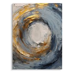 an abstract painting with gold and blue colors on the bottom, it looks like a circular object