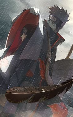 two anime characters standing in the rain, one holding an arrow and another looking at something