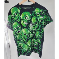 This Shirt Has Amazing Graphics. Front And Back. Green Skull Print Streetwear Top, Green Skull Print Top For Streetwear, Green Skull Print Tops For Streetwear, Spooky Skull Print T-shirt For Streetwear, Alternative Style Skull Print Tops For Fan Merchandise, Alternative Style Skull Print Top For Fans, Halloween Skull Print Top For Fan Merchandise, Halloween Color, Blue Shirts