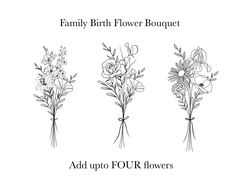 four flower bouquets with the words, family birth flower bouquet add up to four flowers