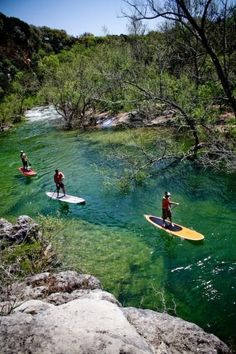 three people on surfboards in the middle of a river surrounded by rocks and trees