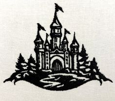 a black and white drawing of a castle with trees in the foreground, on a white background