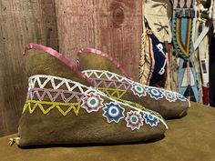 Native American Museum Replica Muscogee Moccasins  | eBay Native American Crafts, American Crafts, Artifacts, Moccasins, Moose, Bead Work, Nativity, Native American, Art Collection