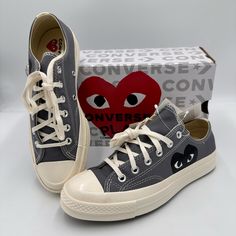 Nwt Unisex Converse X Comme Des Garons Play Chuck 70 Grey Size Us 8.5 Women 6.5 Men Converse X Comme Des Garons Play. The Iconic Partnership Between Converse And Comme Des Garons Has Brought The Brand's Conceptual Vision To Streets Across The Globe For Over A Decade-Using The Playful Heart And Eyes Logo In Distinct Ways. This New Release Brings Back The Fan-Favorite Comme Des Garons Play Heart And Eyes Logo On A Minimalist Chuck 70. Featured Here In Contrasting Black On Your Choice Of Vivid Blue Converse All Star Lugged, Converse X Comme Des Garcons, White Low Top Converse, All Star Lugged, Chuck Taylor Shoes, Play Heart, Low Top Converse, Eye Logo, Converse Red