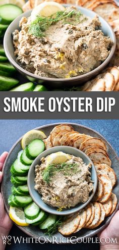 two plates with crackers, cucumber and smoked oyster dip