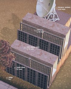 a satellite dish on top of a building with other buildings around it and labeled details