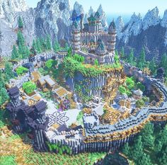 an image of a minecraft village in the mountains