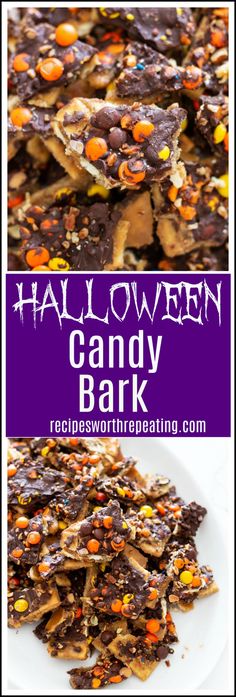 halloween candy bark on a white plate with text overlay that reads, halloween candy bark