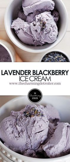 lavender blackberry ice cream in a white bowl