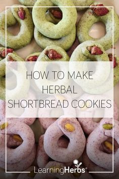 several different types of donuts with the words how to make herb shortbread cookies