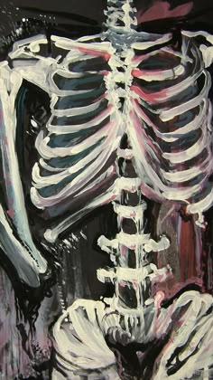 a painting of a skeleton sitting in front of a black background