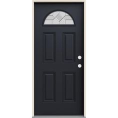 a black door with two white circles on the front and side panels, against a white background