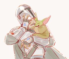 a drawing of a man in armor holding a baby yoda