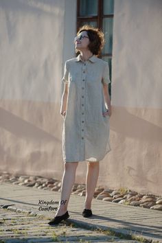 "Linen dress LAURENCE available in 30 color. Handmade from soft stonewashed organic linen. Breathable lightweight this dress is perfect for any occasion. - - - - - - - - - - - - - - - - - - - - - - - - - - - - - Important * Kindly note in reality, the color may be brighter or darker, depending on the resolution and technical capabilities of your computer * Please select the color you like in the drop-down menu * If you need help with determining the color, just contact us * For the colors \"stri Beige Linen Dress With Buttons, Everyday Summer Dresses With Buttons, Casual Linen Dress With Short Sleeves, Casual Button-up Linen Summer Dress, Casual Button-up Linen Dress For Summer, Casual Short Sleeve Linen Dress, Summer Mid-length Shirt Dress With Buttons, Relaxed Fit Linen Button-up Dress, Casual Beige Relaxed Fit Shirt Dress