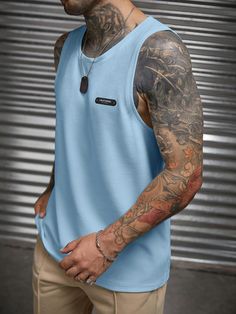 Men Summer Casual Knitted Tank Top With Letter Patch Baby Blue Casual  Sleeveless Knitted Fabric Colorblock,Letter  Medium Stretch  Men Clothing, size features are:Bust: ,Length: ,Sleeve Length: Men Summer Casual, White Shoes Women, Men Summer, Casual Stripes, Summer Tank Tops, Casual Tank Tops, Knitted Tank Top, Printed Tank Tops, Men Clothing