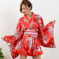 Satin Kimono Dress - Red - Pac West Kimono Satin Kimono Dress, Cute Kimono, Obi Sash, Cute Kimonos, Satin Kimono, Black Satin Dress, Purple Satin, Cute Costumes, Kimono Dress