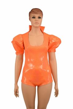 Orange Sparkly Jewel UV GLOW “Diane” Victoria banded Puffed Sleeve Demi collar scoop neck Romper wit Fitted Short Sleeve Costume For Cosplay, Fitted Short Sleeve Cosplay Costumes, Fitted Rave Unitard For Cosplay, Fitted Short Sleeve Costumes For Cosplay Events, Fitted Short Sleeve Costumes For Cosplay, Fitted Short Sleeve Cosplay Costume For Events, Summer Cosplay Stretch Bodysuit, Fitted Bodysuit For Summer Cosplay, Fitted Short Sleeve Costume For Costume Party