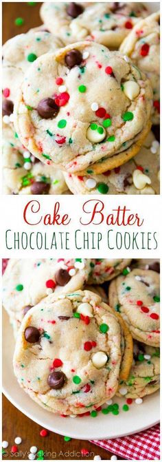 chocolate chip cookies with sprinkles and white chocolate chips are stacked on top of each other