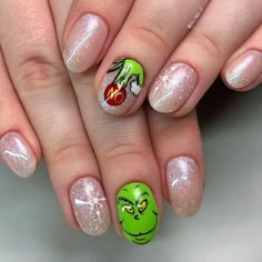 15 Amazing Festive Grinch Nails For The Holiday - Inspired Beauty Grinch Dip Nails, Grinch Face Nails, Grinch Gel Nails, Simple Grinch Nails Short, Grinch Short Nails, Grinch Nails Designs Easy, Grinch Acrylic Nails, Easy Grinch Nails, Christmas Nails Grinch Easy