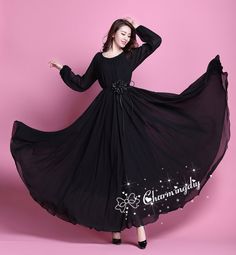 Chiffon Black Autumn Long Sleeve Party Big Hem Dress Evening Wedding Maternity Lightweight Holiay Beach Bridesmaid Maxi Skirt Detail Info: ❤ Color: Black More color choice link: https://www.etsy.com/listing/213656440/chiffon-dress-color-card?ref=shop_home_feat_1 Please just note the color you want with order, we will make according to your note. ❤ Material: Chiffon ❤ The dress doesn't limit the chest size and waitst size, arm hole 45cm (if your upper arm circle circumference is more than 40cm, p Black Long Sleeve Dress With Flowy Skirt, Black Flowy Floor-length Dress, Black Party Chiffon Dress In Georgette, Long-sleeved Black Bridesmaid Dress, Black Long-sleeve Bridesmaid Dress, Black Chiffon Maxi Dress For Wedding, Black Flowy Maxi Dress For Party, Flowy Black Georgette Dress, Flowy Black Chiffon Maxi Dress