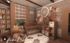 a teddy bear is sitting in a room with bookshelves and other items on the floor