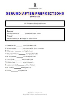 a worksheet with the words gerund after prepositions in it