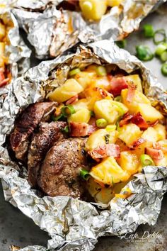 steak with pineapple salsa in foil packets